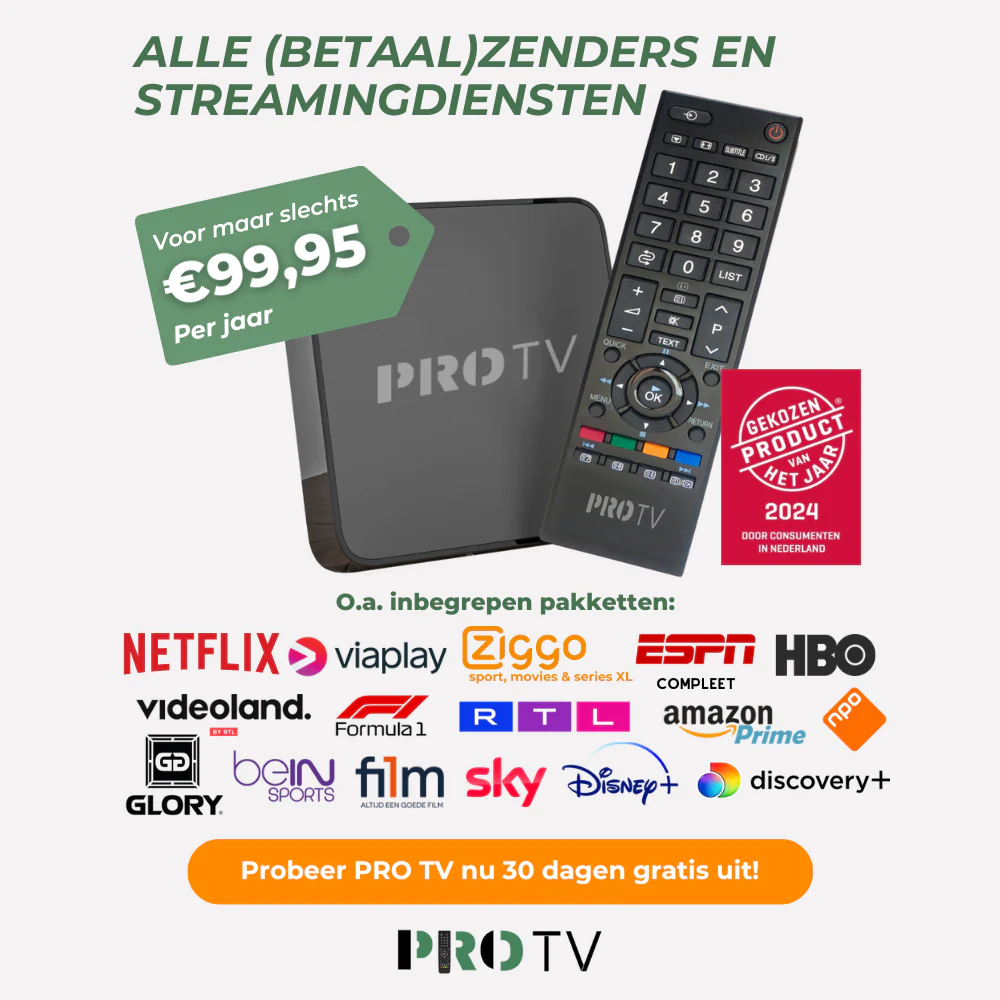 PRO-TV Box met streamingdiensten als HBO, Netflix, Disney+, Ziggo, Viaplay en meer